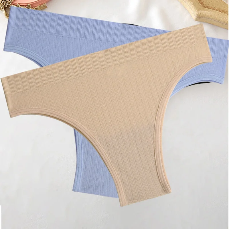 FINETOO 2PCS/Set M-XL Women Seamless Pantys 9 Solid Colors Sexy Brazilian Panties  Midi-Waist Underpants For Girls Fashion Thong