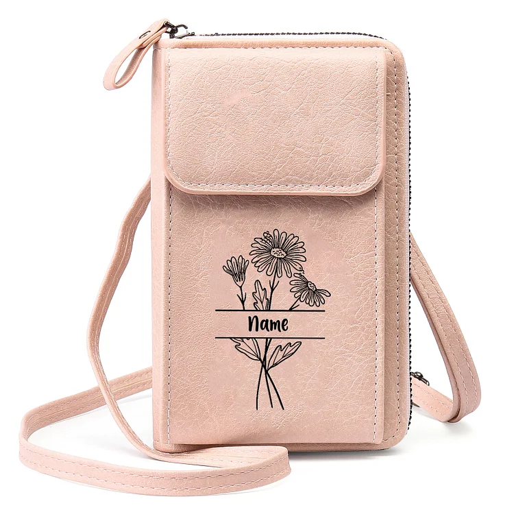 Personalized Women's Leather Wallet Custom Birthflower & Name Mobile Phone Wallet Zipper Crossbody Bag