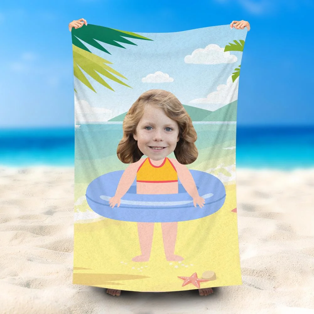 Custom Photo Beach Towel, Summer Swimming Towel, Swim Ring Girl Style, No Sand Microfiber Beach Towel, Quick Dry Bath Towel