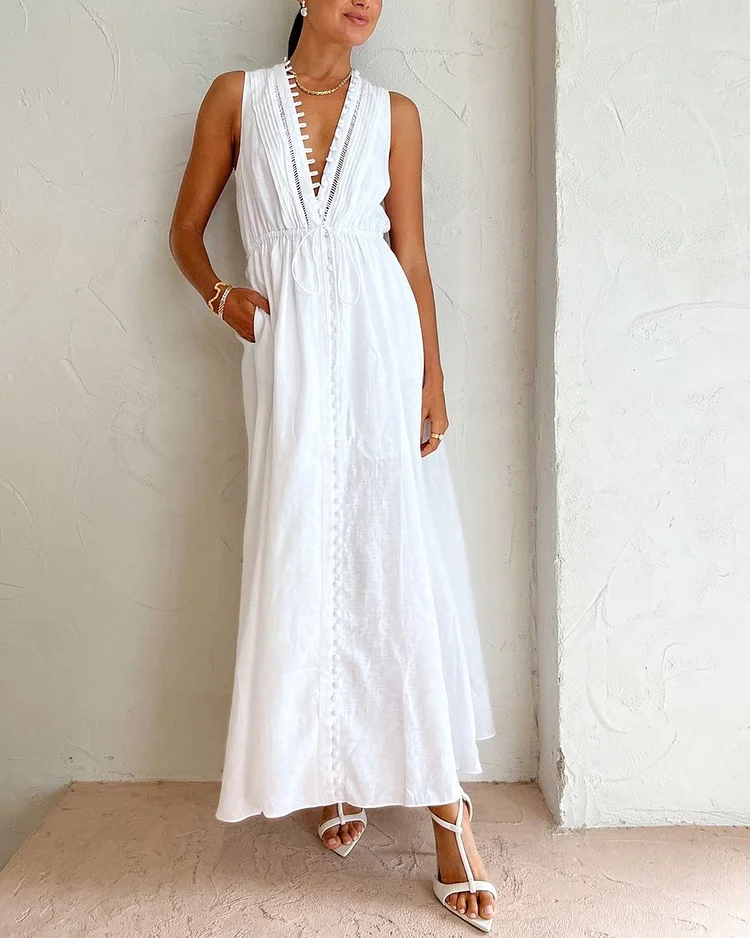 Casual Style V-Neck Linen Dress