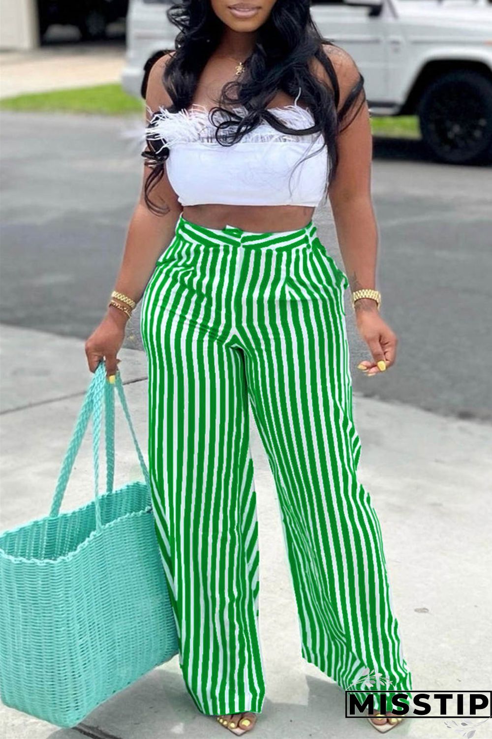 Blue Fashion Casual Striped Print Patchwork Regular High Waist Trousers