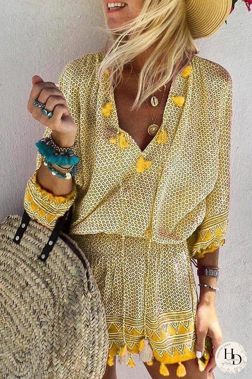 V-neck 3/4 Sleeve Beach Mini Dress (6 Colors) P16204