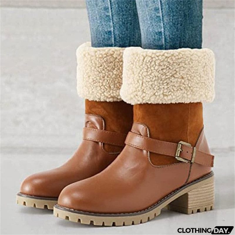 Women's Fashion Warm Short Plush Lined Block Heel Belt Buckle Ankle Boots