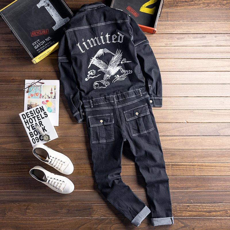 Vintage Black Denim Jacket Set Casual Jumpsuit