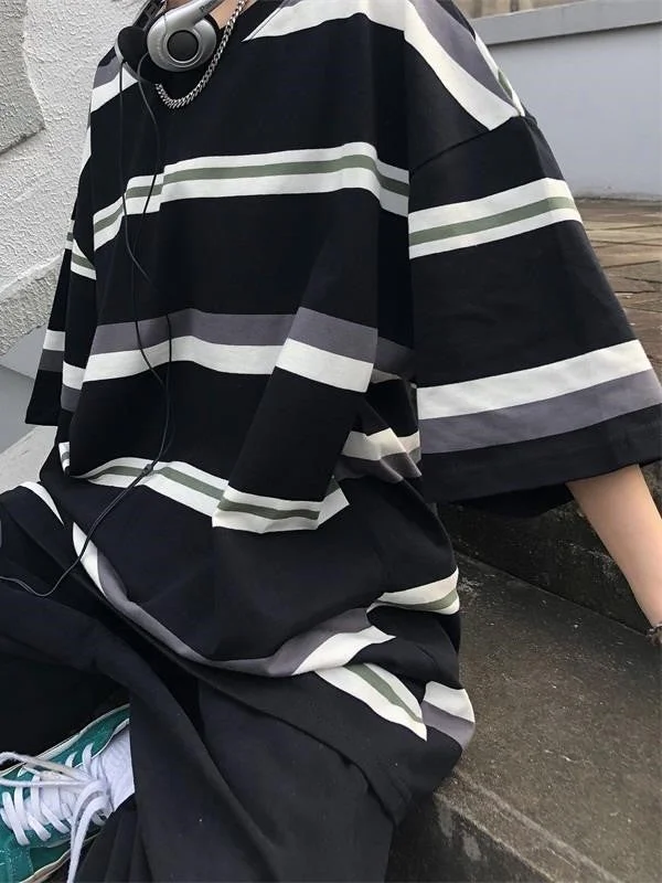 Brownm Contrast Color Hip Hop Oversized Stripe Short Sleeve Top