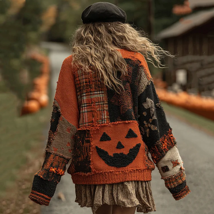 Vintage Patchwork Halloween Pumpkin Face Artcozy Knit Cardigan