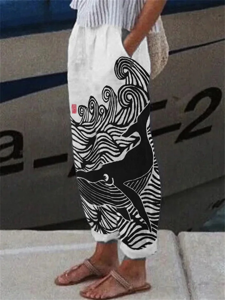 Whale & Waves Japanese Lino Art Casual Pants