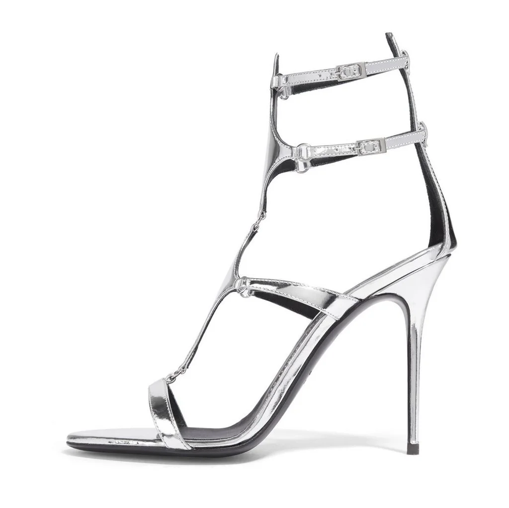Silver Metallic Heels Open Toe Stiletto Heel Gladiator Sandals by FSJ Nicepairs