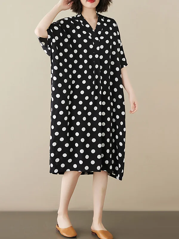 Polka-Dot Short Sleeves Loose V-Neck Midi Dresses