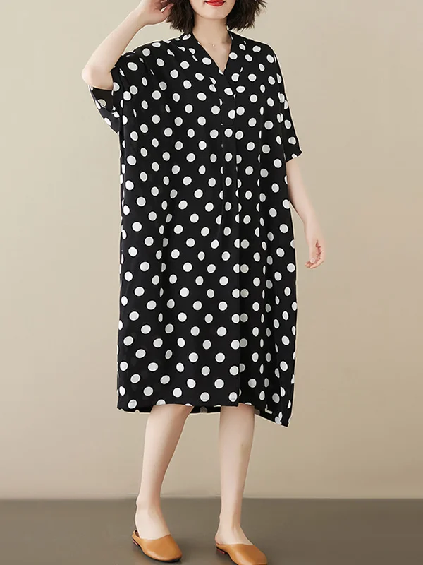 Loose Short Sleeves Polka-Dot V-Neck Midi Dresses