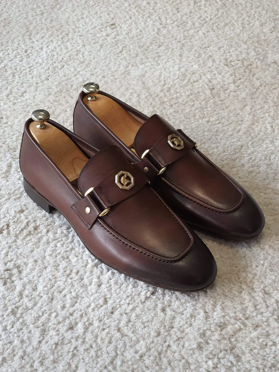 Navy Buckled Leather Loafers