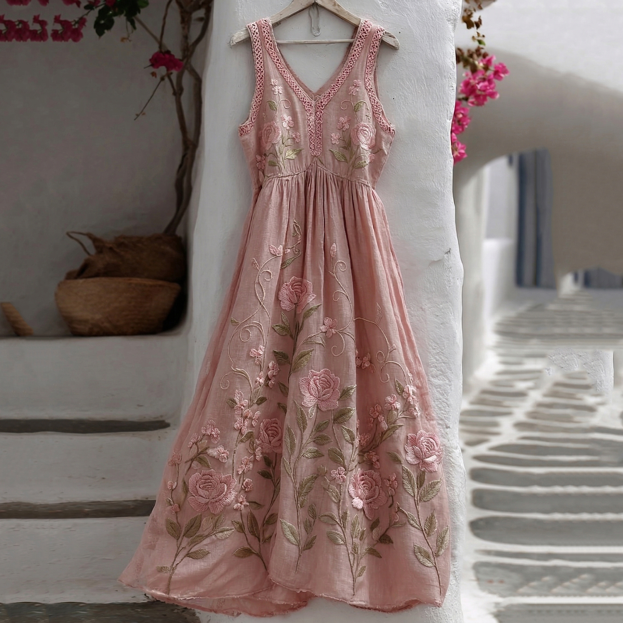 Women's Vintage Pink Roses Floral Designs Linen Tank Dress wearshes
