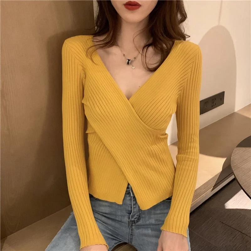 Zoki Knitted Full Women Sweater Long Sleeve Fashion Crossed V Neck Jumper Causal Sexy Autumn Slim Pullover Ladies Basic Top 2021