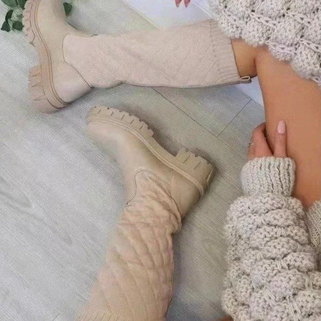 2022 Flats Shoes Thick Sole Boots Autumn Winter Breathable Knitting Upper Women Thigh High Boots Stretch Round Toe Black Boots