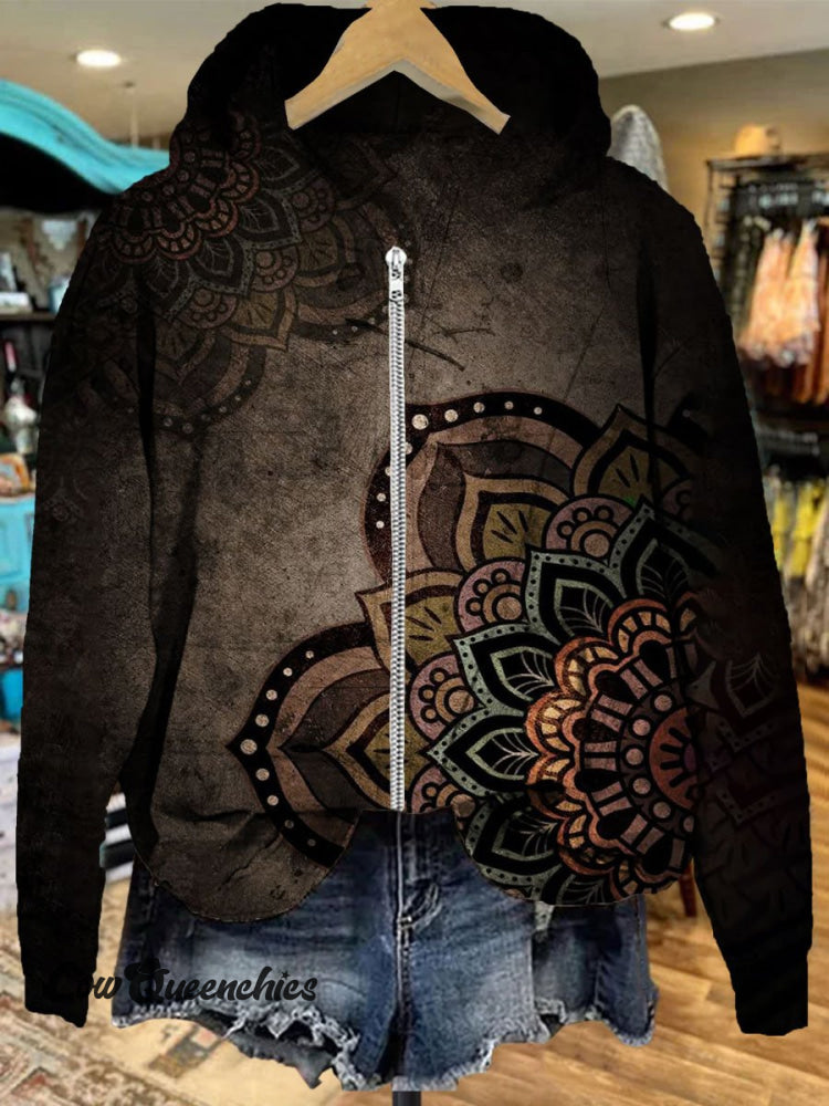 Vintage Print Casual Zip Hoodie Sweatshirt Multicolor / S