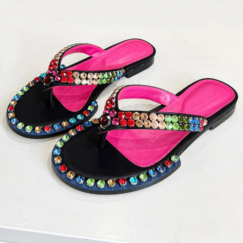 Rhinestone Sandals Woman Flip Flops Mixed Color Crystal Flat Shoes Lady Slippers