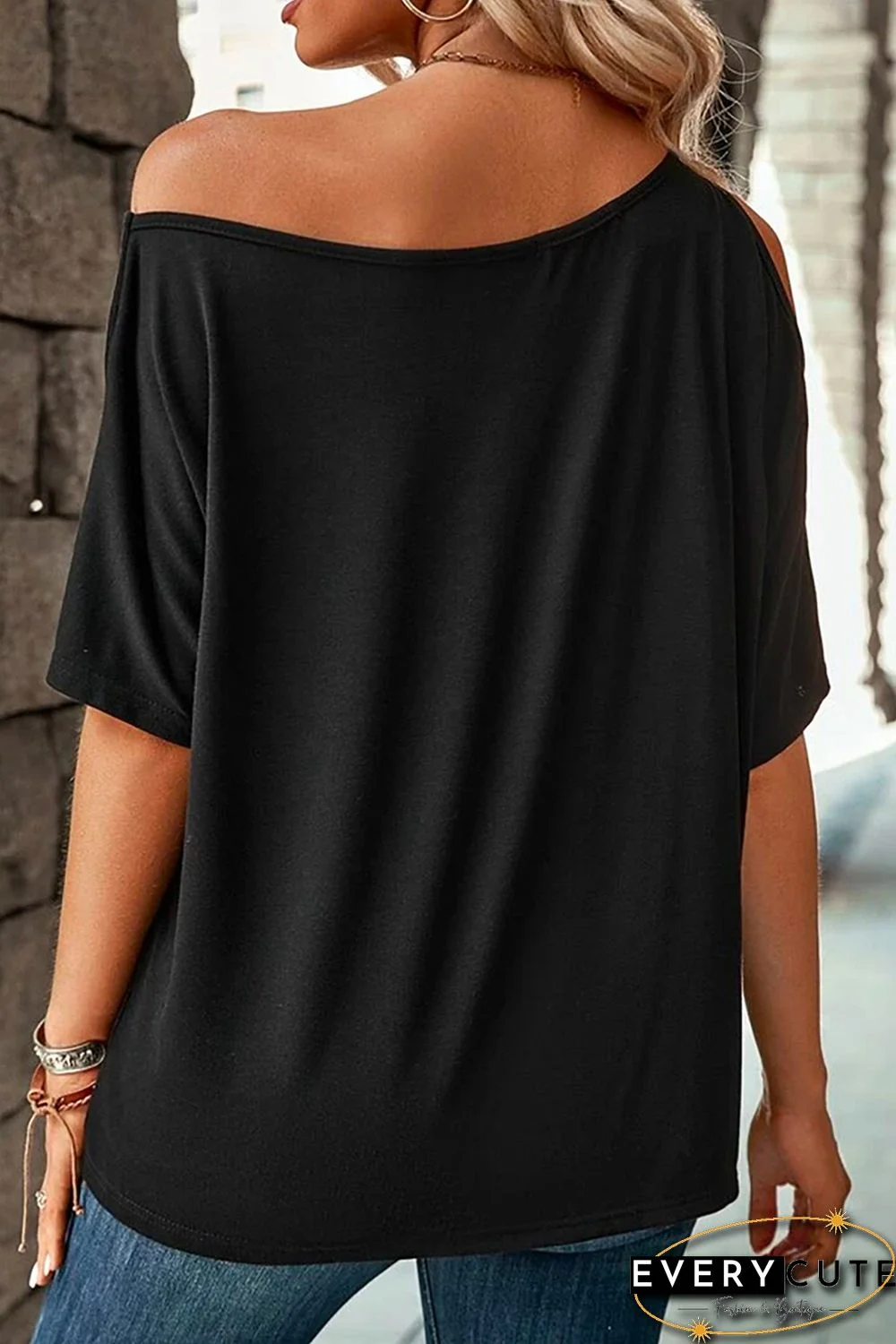 Black Solid Asymmetrical Neck Loose Casual T-Shirt