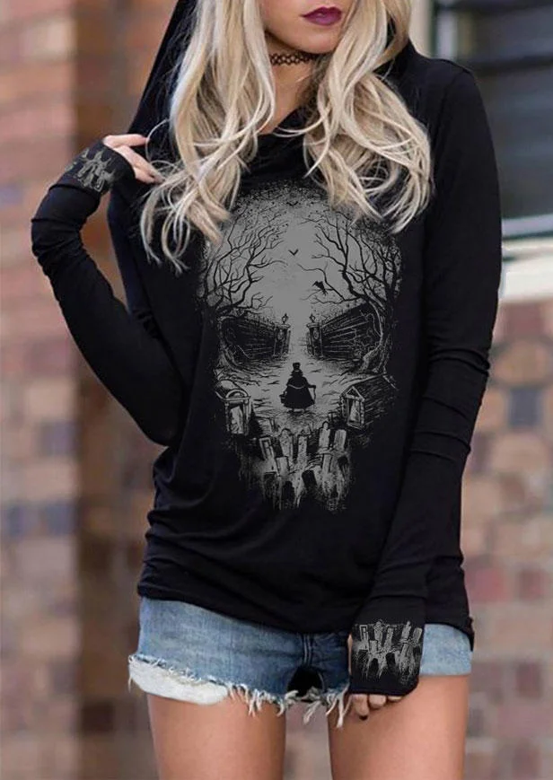 Halloween Horror Skull Silhouette Hoodie - Black socialshop