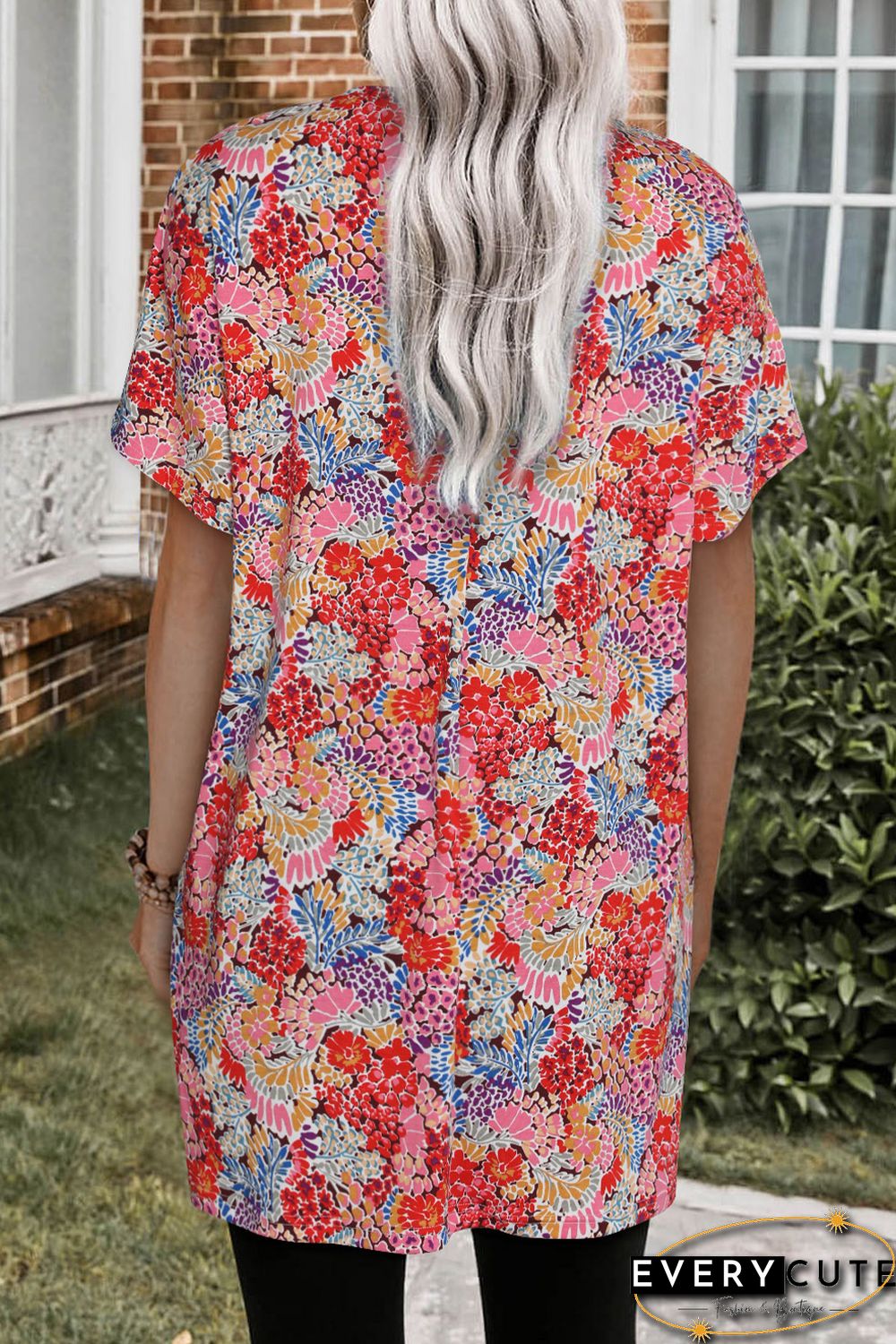 Multicolor Boho Flower Print Short Sleeve Tunic Top