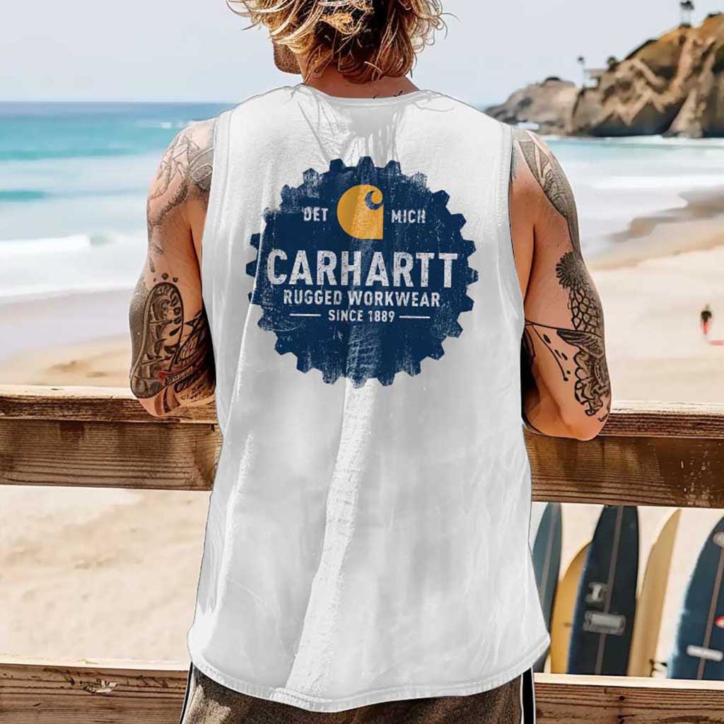 Men's Vintage Rugged Workwear Since 1889 Surfing Print Sleeveless Tank Top / TECHWEAR CLUB / Techwear