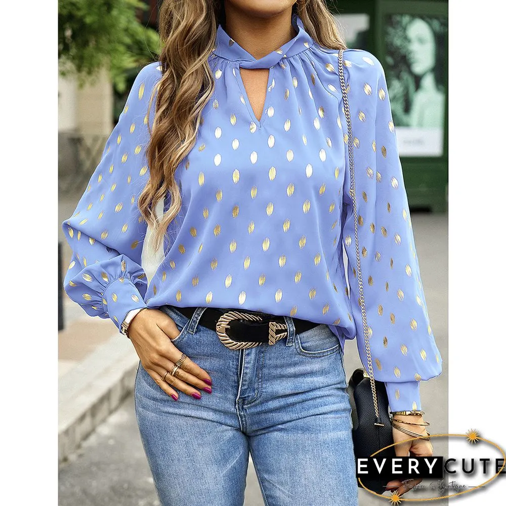 Light Blue Notched Neck Pleated Cuffs Long Sleeve Tops