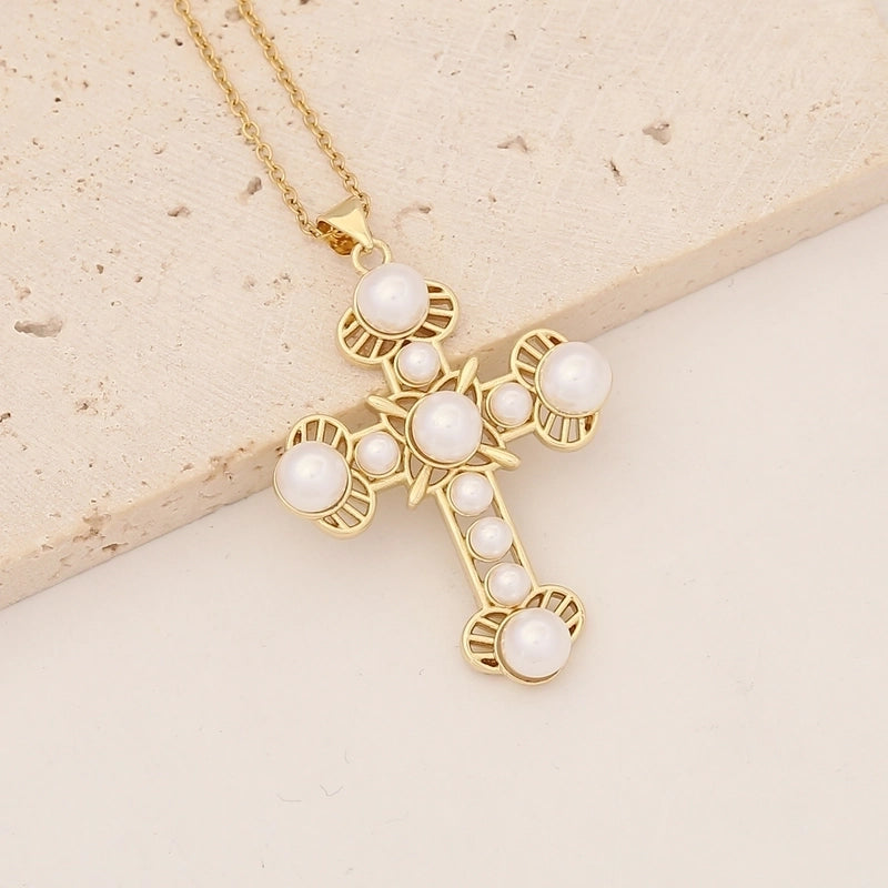 Commute Cross Copper Inlay 18K Gold Plated Zircon Pendant Necklace