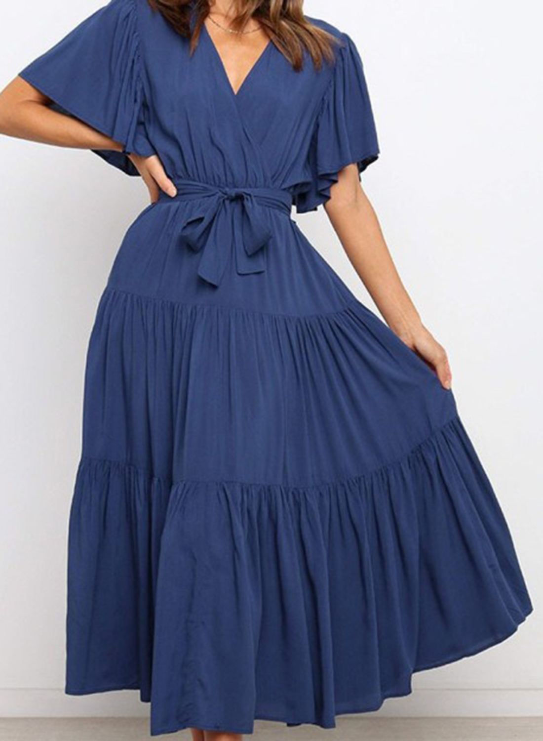Women's Maxi Dresses Solid Short Sleeve Flare V Neck Beltup Dress