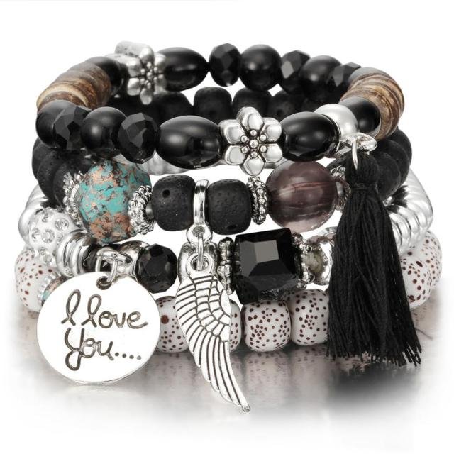 YOY-Fashion Multilayer Crystal Lava Stone Beads Wing Tassel Bracelets