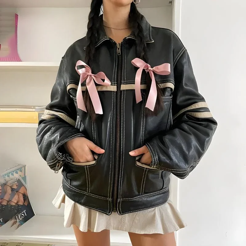 Brownm Grunge Biker Zip-Up Faux Leather Jacket