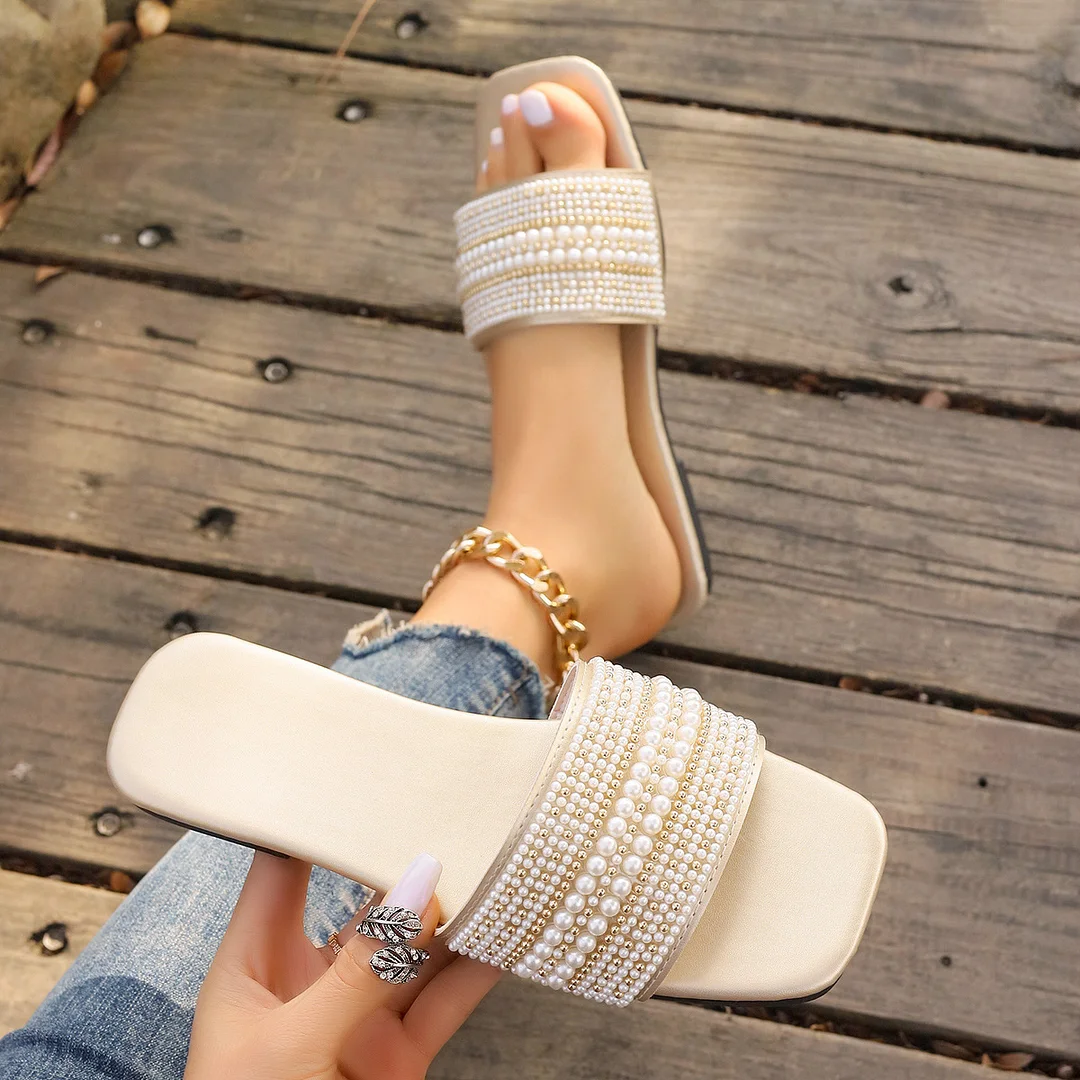 Tanguoant Tanguoant Version Of Pure Color Square Head Type Water Diamond Flat Bottom Slippers Female A Foot Pedal Home Slippers Female Slippers