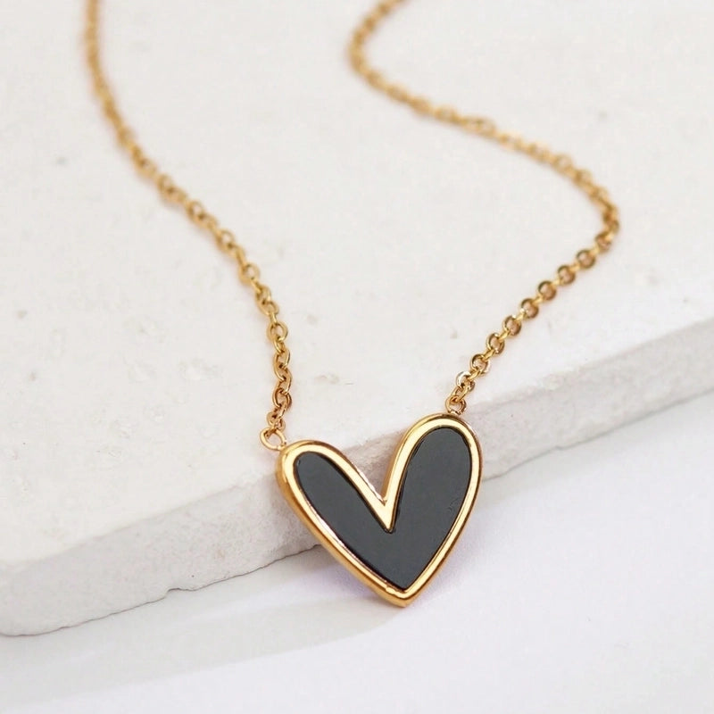 Cute Sweet Asymmetrical Heart Shape 304 Stainless Steel Acrylic 18K Gold Plated Inlay Pendant Necklace