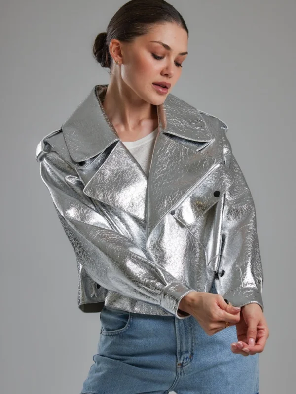New street trendy long sleeve lapel silver leather jacket loose coat Flusfy
