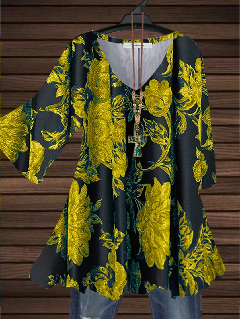 Women Half Sleeve V-neck Solid Color Dress