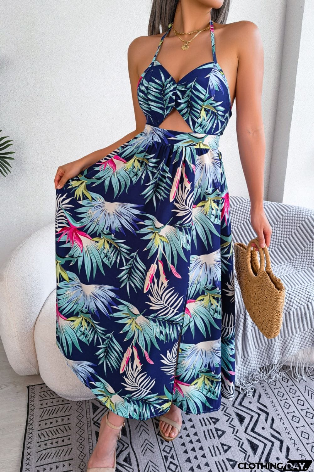 Botanical Print Tied Backless Cutout Slit Dress