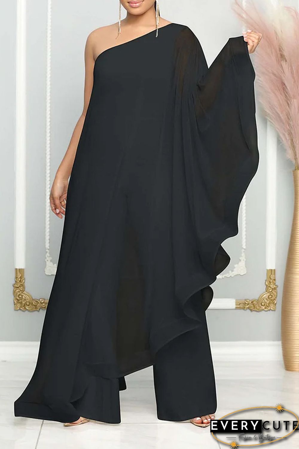 Blue Casual Daily Elegant Patchwork Solid Color One Shoulder Regular Jumpsuits