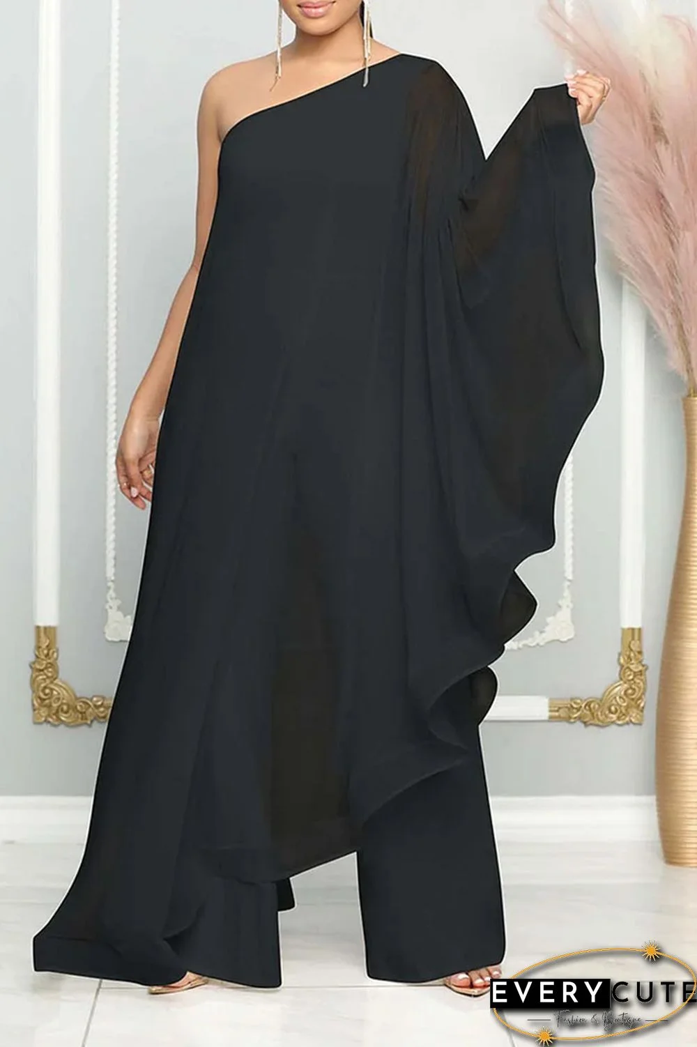 Blue Casual Daily Elegant Patchwork Solid Color One Shoulder Regular Jumpsuits