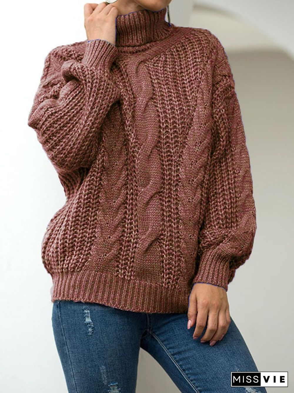 Women's Fashion Slouchy Cable Knit High Neck Pullover Sweater