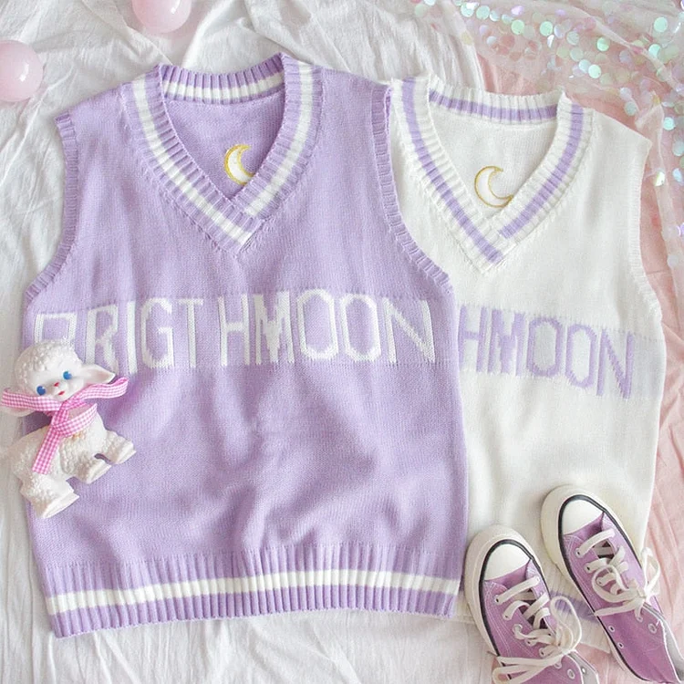Harajuku White Purple Kawaii Letter Moon Knitted Vest BE068
