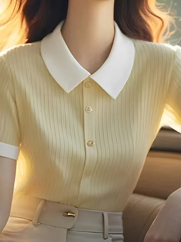 Athvotar Athvotar Ice Silk Polo Collar Knitted Shirt For Women 2025 Summer New Commuter Shoulder Short-Sleeved T-Shirt Euro Shirt