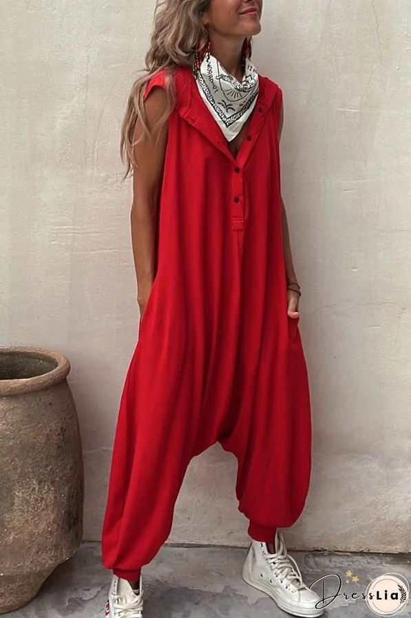Let's Chill Pocketed Half Button Hooded Loose Jumpsuit