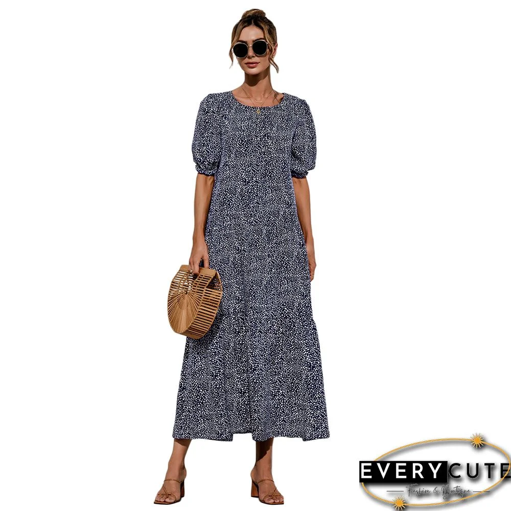 Navy Blue Polka Dot Print Puff Sleeve Maxi Dress