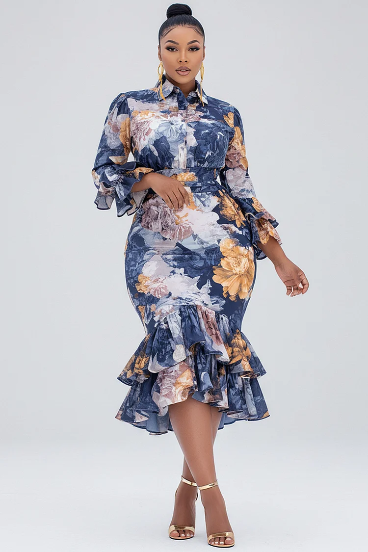 Xpluswear Design Plus Size Wedding Guest Blue Floral Shirt Collar Flare Long Sleeve Ruffle Elegant Bodycon Chiffon Midi Dresses [Pre-Order]
