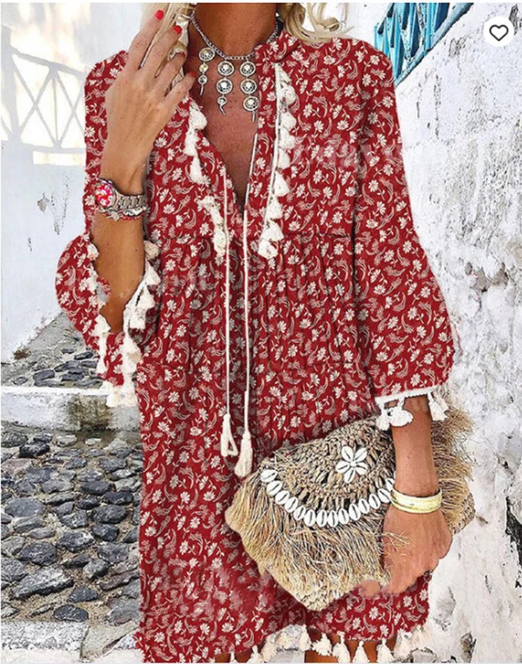 Boho Print Tassel Ruffle Sleeve V-neck Min Holiday Dress