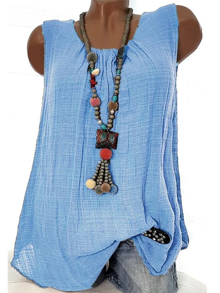 Linen Round Neck Sleeveless Casual Tanks