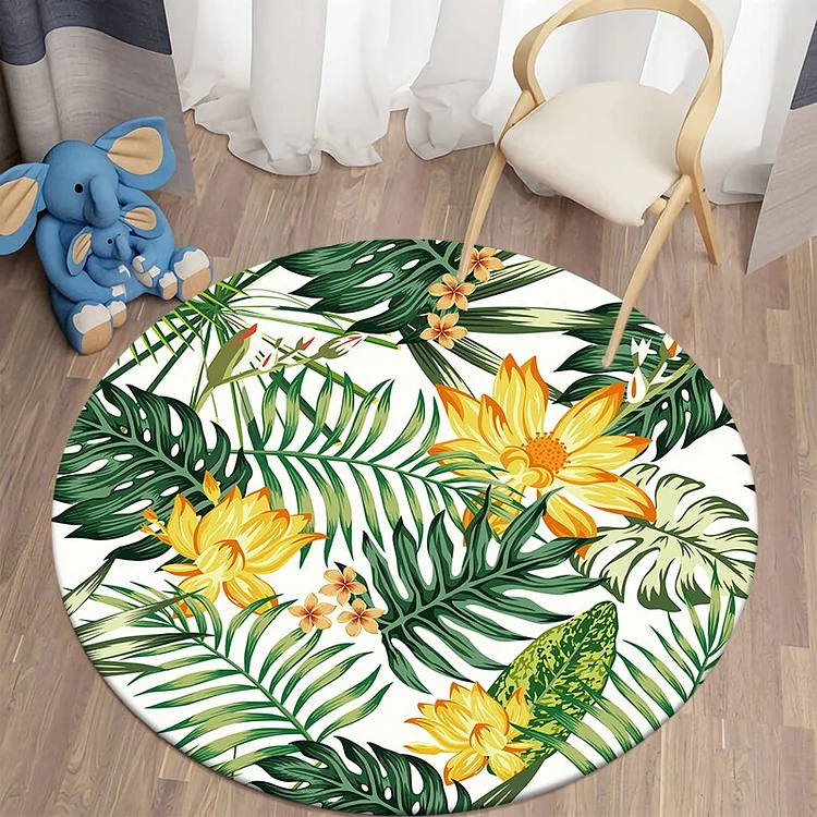 Green Tropical Printed Round Carpet for Living Room Home Decoration Bedroom Non-slip Chair Mat Children's Play Carpet