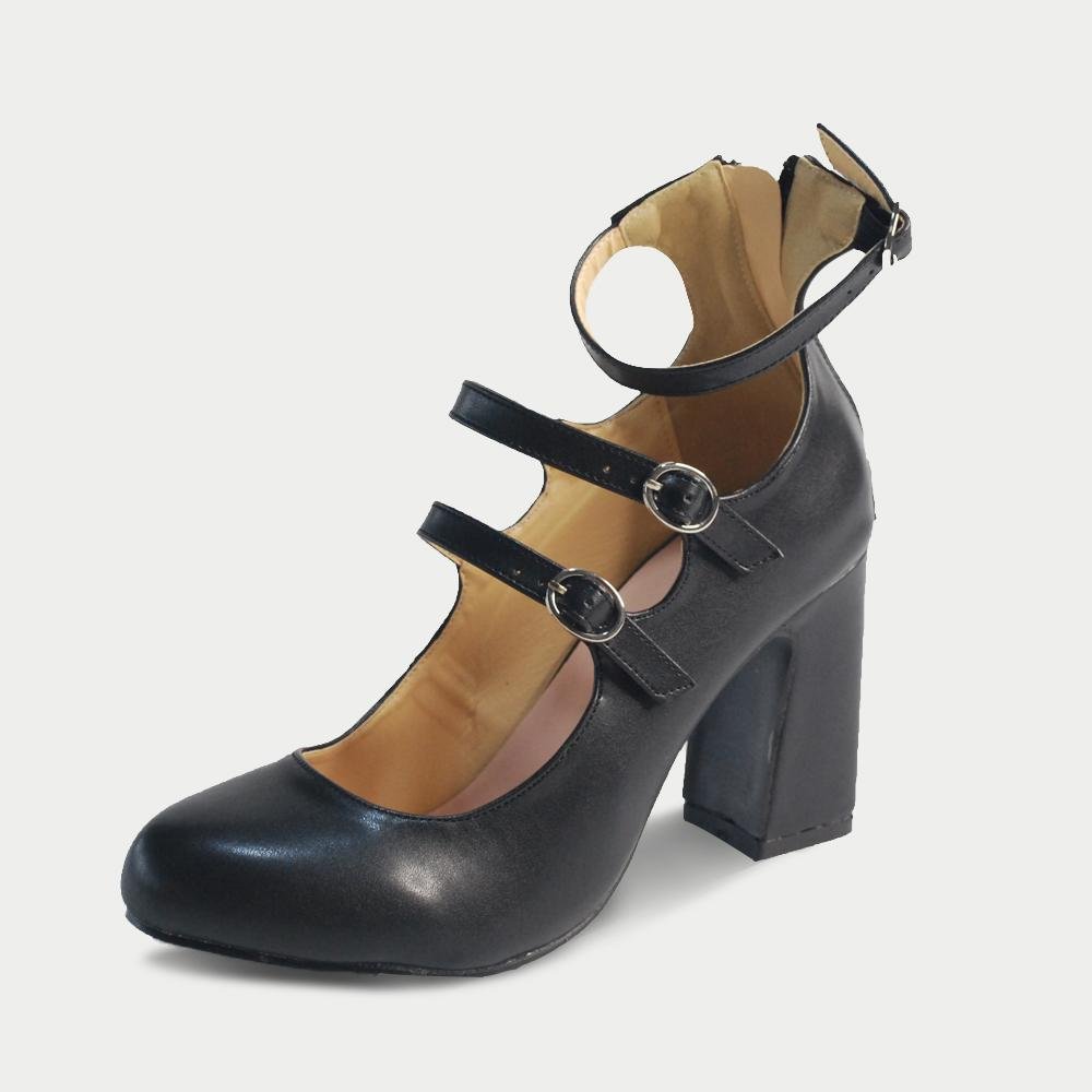 Roman Shoe Round Toe with One-Word Buckle Plain Strappy Chunky Heels
