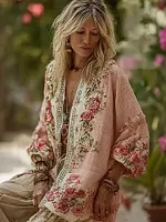 Women's Pink Rose Pattern Casual Short Cardigan