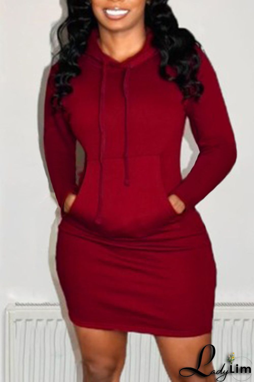 Red Fashion Casual Solid Patchwork Hooded Collar Long Sleeve Dresses