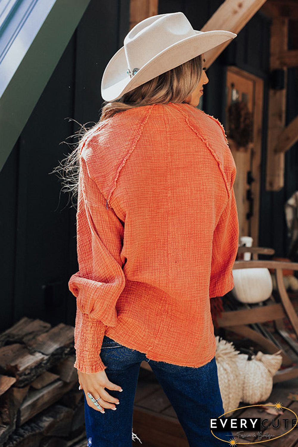 Orange Ruffled Shirred Waffle Knit Pocketed Long Sleeve Shirt