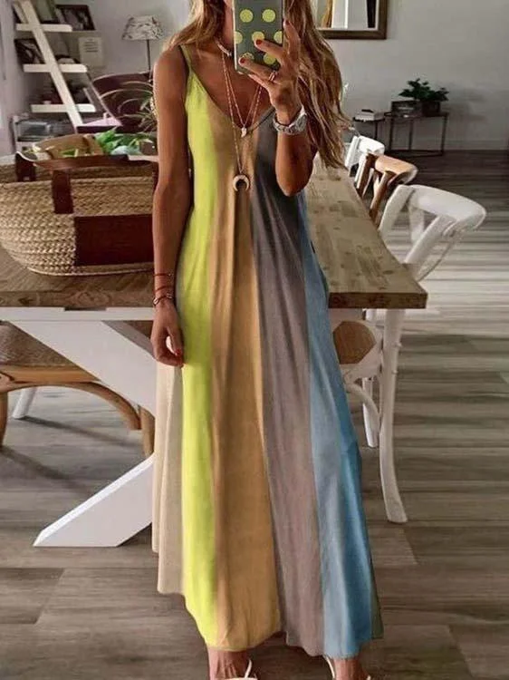 Women's Sleeveless V-neck Gradient Printed Maxi Slip Dress